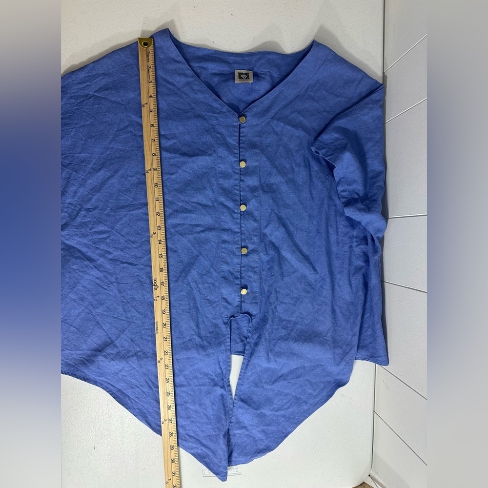 Anne Klein Sz L Women’s Linen Blend Short Sleeve Front Tie Blue Top Boho Resort - Picture 13 of 13